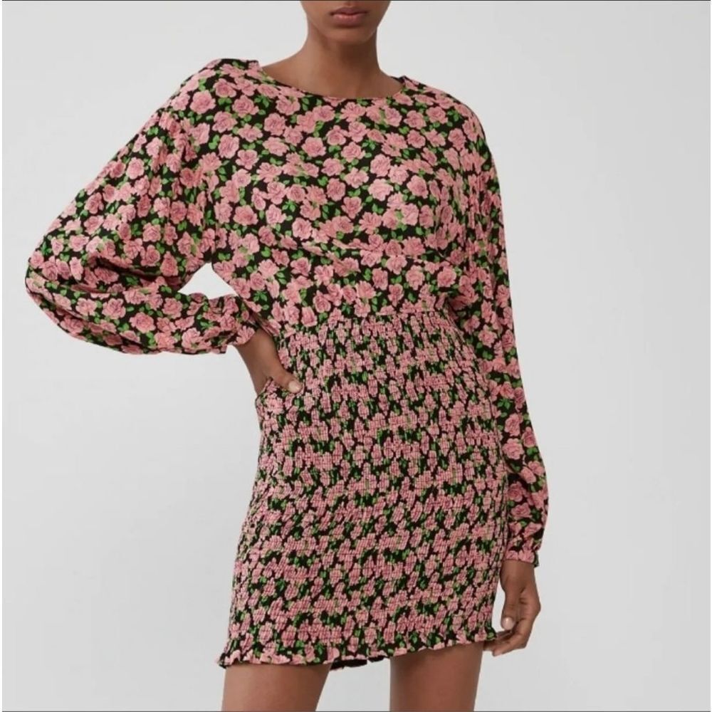 Zara Pink and Black Floral Long Sleeve Dress